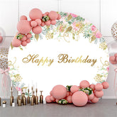 Runden Rosa Blumen Golden Blätter Glücklich Geburtstag Hintergrund